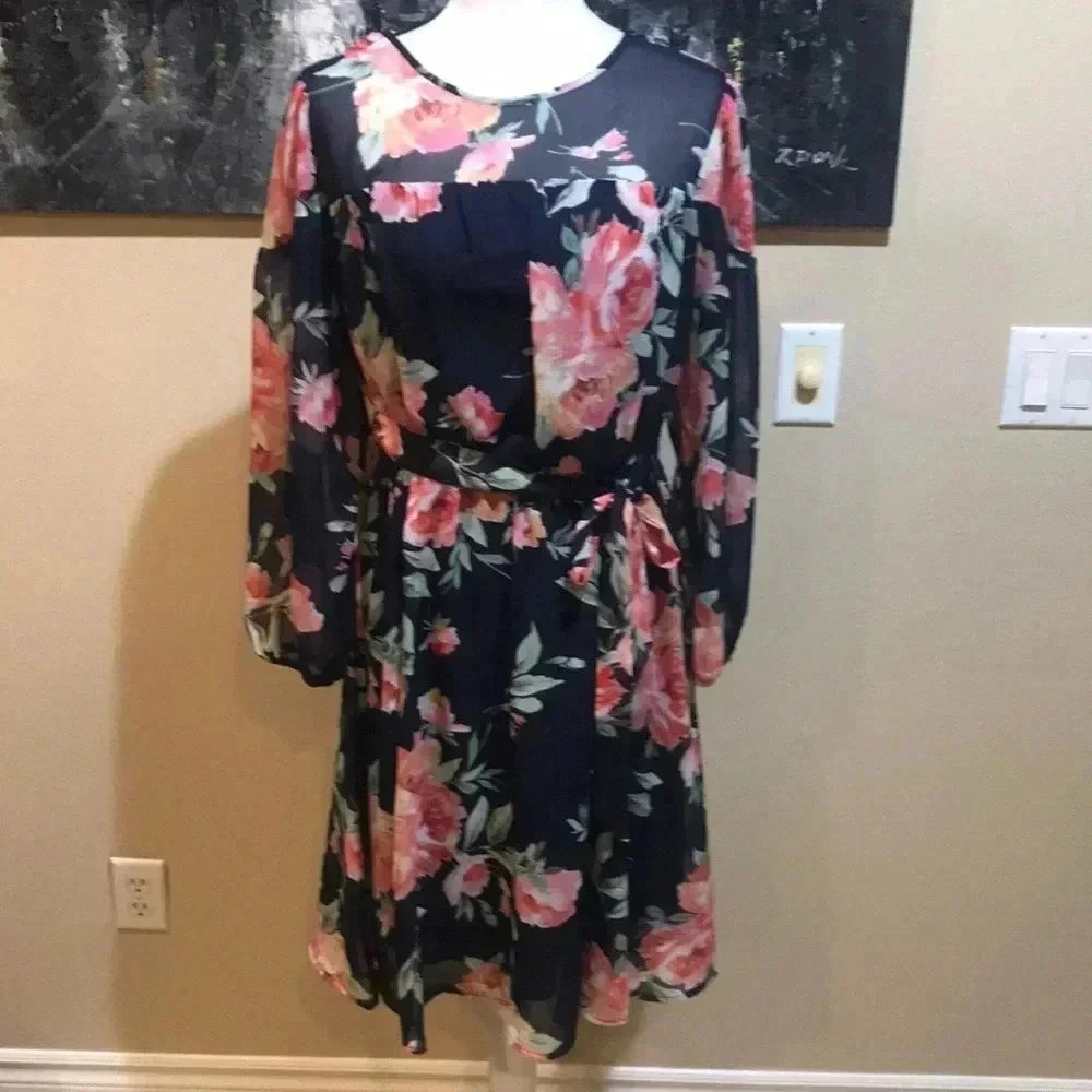 Kate and Lily Long Sleeve Blue and Pink Floral Midi A-Line Dress-Size 12